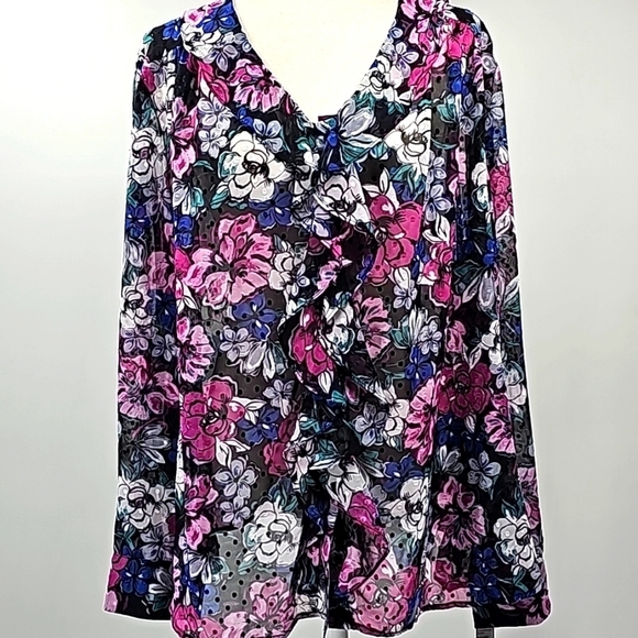 Tahari Black Berry Bloom Sheer Ruffled Flowy Long Sleeved Button Front Blouse - Picture 1 of 17